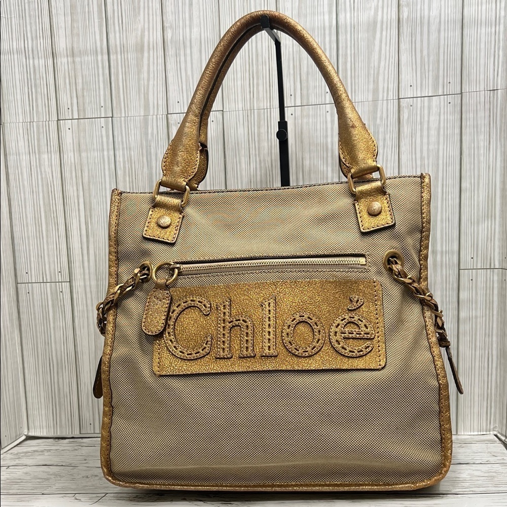 Chloé Gold Metallic Tote Bag Large Logo Shoulder Bag Designer Handbag - Picture 2 of 16